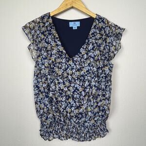 Cece Blue Floral‎ Coquette Cottagecore Blouse Smocked Hem Ruffle Sleeve Top Size